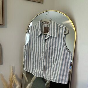 Vintage Blue and White Striped Sleeveless Button-Up Shirt Vest cut